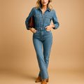 Denim long-sleeve jumpsuit for women with straight-leg fit and casual design, perfect for daily wear and all-season versatility.